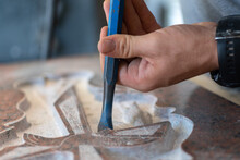 Caucasian Man Hands Bushhammered A Tombstone In A Workshop, Work Concept