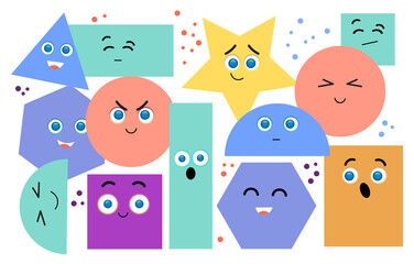 Wall Mural - set of geometric shapes with kawaii emotions. different shapes. hand drawn trendy vector illustratio