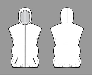 Wall Mural - Down vest puffer waistcoat technical fashion illustration with hoody collar, zip-up closure, pockets, hip length, wide quilting. Flat template front, back, white color. Women, men, unisex CAD mockup