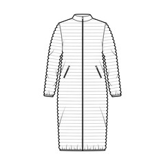 Wall Mural - Down puffer coat jacket technical fashion illustration with stand collar, pockets, oversized, knee length, narrow quilting. Flat template front, white color style. Women, men, unisex top CAD mockup