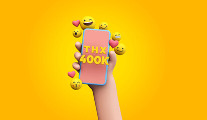 Wall Mural - Thanks 400k social media supporters. cartoon hand and smartphone. 3D Render.