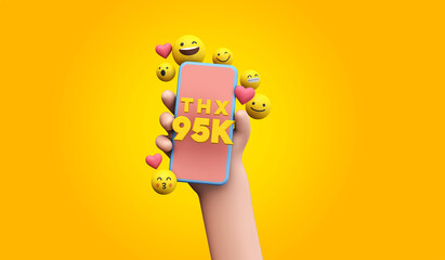 Wall Mural - Thanks 95k social media supporters. cartoon hand and smartphone. 3D Render.