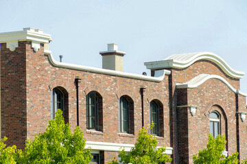 Poster - Brick-walled residential building with green leaves on a tree foreground