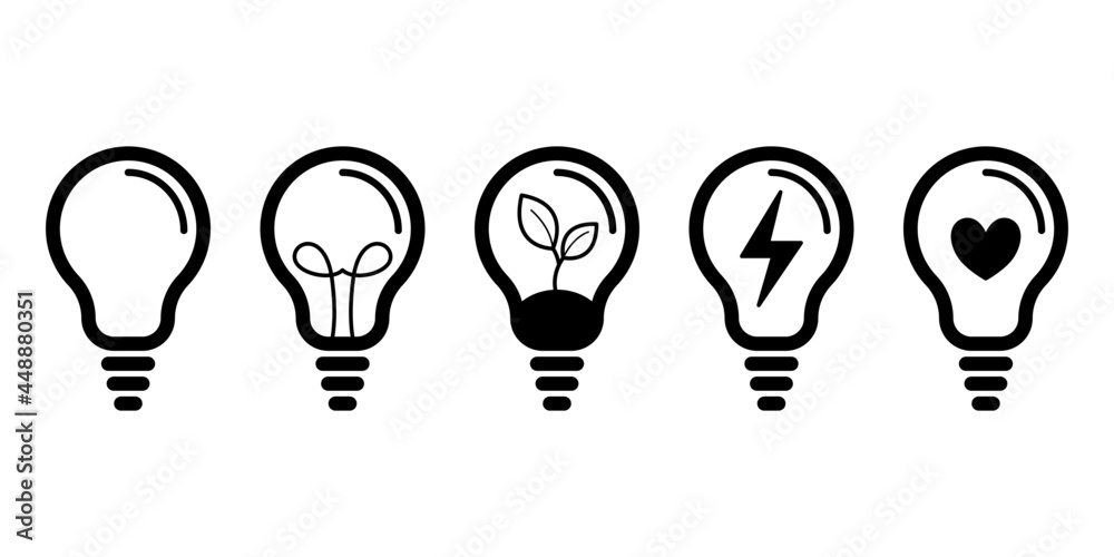 Żarówka - zestaw ikon do projektów. Kontury żarówek. Symbol idei, rozwiązania, pomysły, radzenia sobie z problemem. Koncept lampy, światła. - obrazy, fototapety, plakaty 