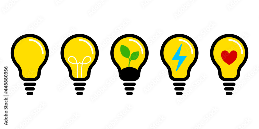 Żarówka - zestaw ikon do projektów. Kontury z żółtym wypełnieniem - świecące żarówki. Symbol idei, rozwiązania, pomysłu, radzenia sobie z problemem. Koncept lampy, światła. - obrazy, fototapety, plakaty 