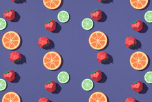 Flat Lay Trendy Seamless Pattern Sliced Mixed Citrus Fruits Like Background With Berries,