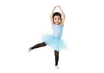 Portrait isolated studio shot of small pretty Asian preschool pigtails ballerina dancer girl in blue tutu ballet dress black legging standing smiling posing hold hands and leg up on white background