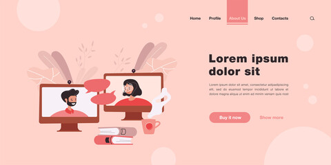 Poster - Friends or colleagues talking on video call. Man and woman chatting through screens flat vector illustration. Online meeting, video conference concept for banner, website design or landing web page