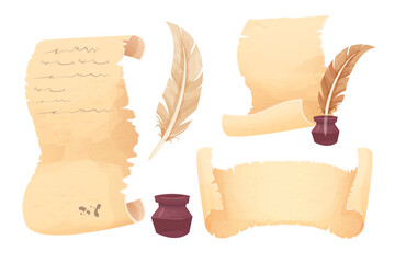 Wall Mural - set old scroll of parchment, papyrus and feather pen in cartoon style isolated on white background. 