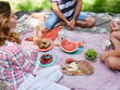 © Miquel Llonch/Stocksy - Crop people having summer picnic on plaid in nature
