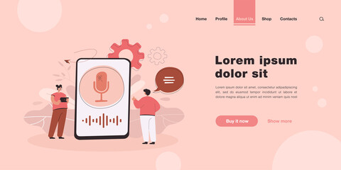 Aufkleber - Cartoon people using function of voice assistant. Flat vector illustration. Giant smartphone interface with interactive intelligent voice control technology. Software, digital, sound, AI concept