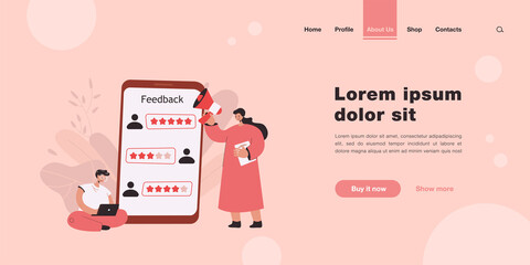 Poster - Application user giving positive feedback. Tiny female character with loudspeaker, huge phone flat vector illustration. Customer feedback, software development concept for banner, website design