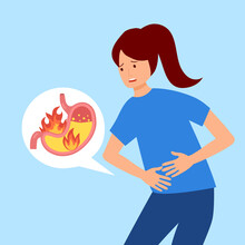 Woman Feel Pain In Stomach Vector Illustration. Stomach Acid Reflux Disease And Digestive System Problem. Heartburn Concept.