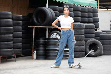 portrait young female skateboarder with sunglasses and fashion pose in front of garage tire