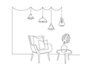 Aufkleber - Continuous one line drawing of armchair and table with vase with monstera leaf and Hanging pendant Loft lamps. Scandinavian stylish furniture in simple Linear style. Doodle vector illustration