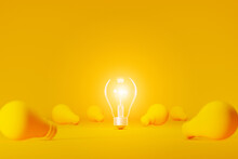 Light Bulb Bright Outstanding Among Lightbulb On Yellow Background. Concept Of Creative Idea And Innovation, Unique, Think Different, Individual And Standing Out From The Crowd. 3d Illustration
