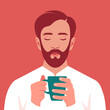 A sleepy and tired man is holding a cup of coffee in his hands. Breakfast at home. An overworked freelancer. Vector flat illustration