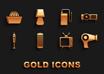 Sticker - Set Stereo speaker, , Hair dryer, Television, Blender, Power bank with different charge cable, Citrus fruit juicer and Table lamp icon. Vector