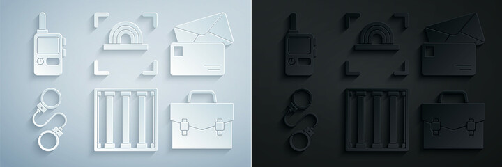 Canvas Print - Set Prison window, Envelope, Handcuffs, Briefcase, Fingerprint and Walkie talkie icon. Vector