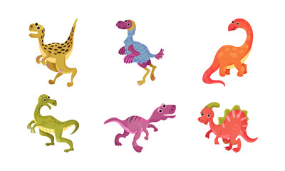  Funny Dinosaurs as Ancient Reptiles Isolated on White Background Vector Set