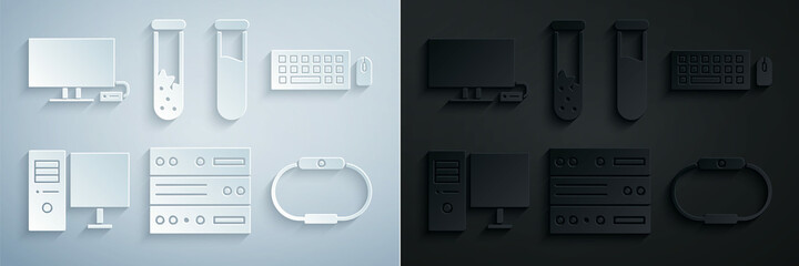 Poster - Set Server, Data, Web Hosting, Keyboard and mouse, Computer monitor, Smartwatch, Test tube flask and Tv icon. Vector