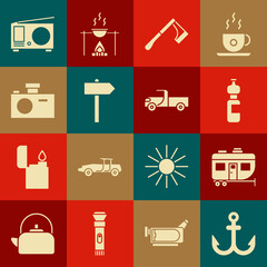 Sticker - Set Anchor, Rv Camping trailer, Bottle of water, Wooden axe, Road traffic signpost, Photo camera, Radio with antenna and Pickup truck icon. Vector