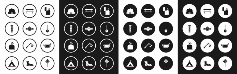 Wall Mural - Set Lighter, Wrist watch, Flashlight, Beanie hat, Shovel, Bench, Cinema camera and Camping gas stove icon. Vector