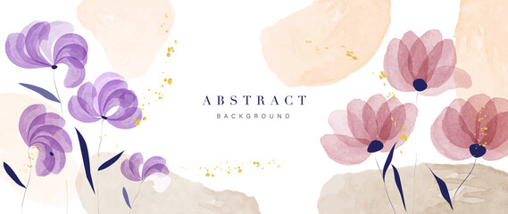 Abstract art flower background vector. Luxury minimal style wallpaper with golden line art floral and botanical leaves, Spring growing flowers and Organic shapes watercolor. 