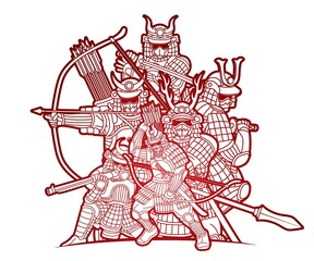 Wall Mural - Group of Samurai Warrior with Weapon Ronin Japanese Fighter Cartoon Graphic Vector