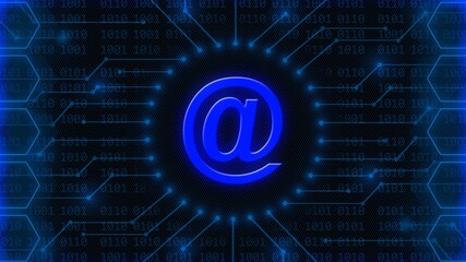 Poster - AT sign in middle of 4-digit binary code behind information connecting lines between honeycomb elements - Information technology concept - 3D Illustration