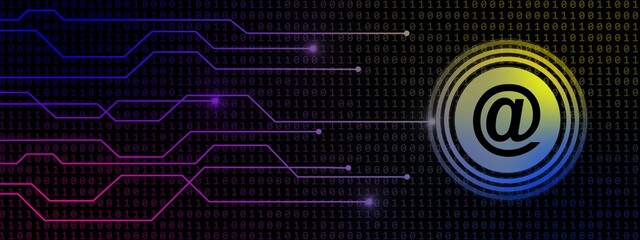 Poster - AT sign with information connecting lines on binary code background - Internet technology concept - Software Computer Program - 3D illustration