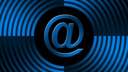 Poster - AT sign in center of circular lines - graphic elements in blue on black background - Information Technology Software Computer Program - 3D Illustration