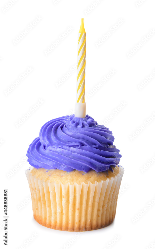 Tasty Birthday cupcake with candle on white background
