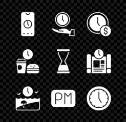 Poster - Set Alarm clock app mobile, Clock, Time is money, Vacation time, Day, Fast food and Old hourglass with sand icon. Vector