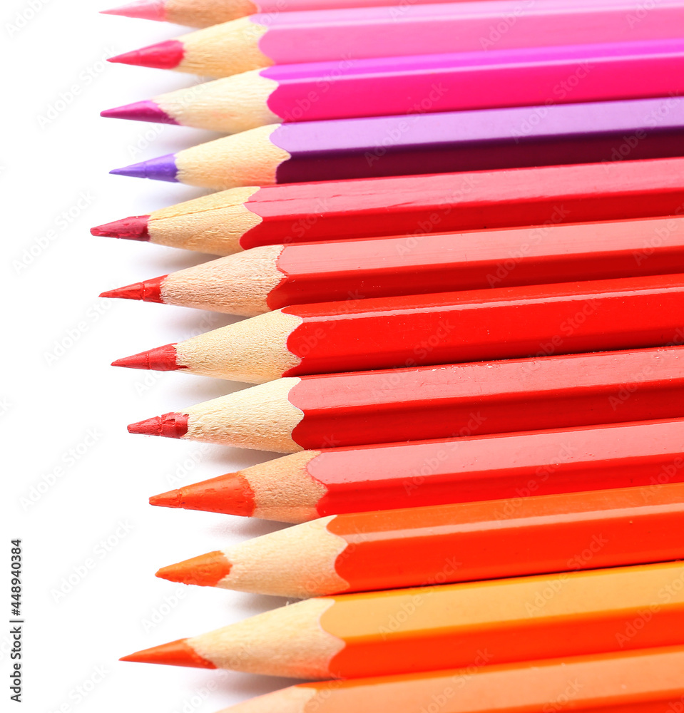 Colorful pencils on white background, closeup