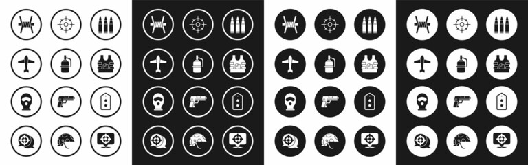 Poster - Set Bullet, Hand grenade, Jet fighter, Barbed wire, Bulletproof vest, Target sport, Military rank and Balaclava icon. Vector