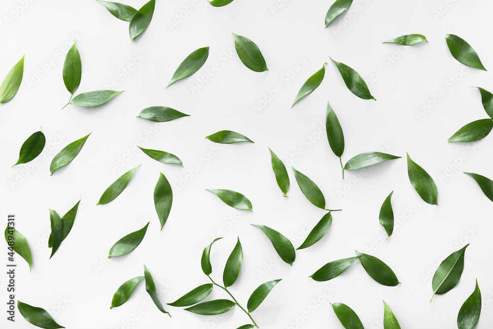 Green tea leaves on light background - obrazy, fototapety, plakaty 