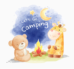 Wall Mural - camping slogan with cute animals cartoon with camp fire illustration