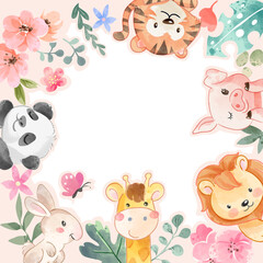 Wall Mural - cute animals and colorful flowers frame with blank space illustration