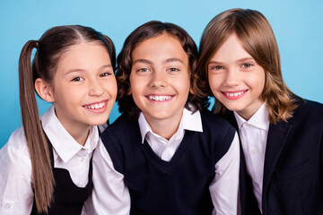 Sticker - Photo portrait school mates smiling in uniform cheerful overjoyed isolated pastel blue color background