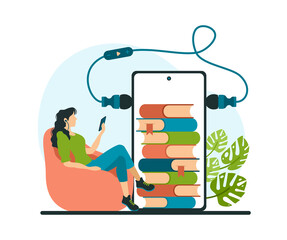 Poster - Reading and listening to online books. Woman with headphones is listened to new novel through mobile application. Web library of novelties literature with voice acting and text. Vector flat concept