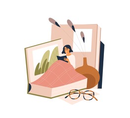 Poster - Woman resting in cozy bed with book. Relaxed person reading fiction literature. Reader in world of fantasies and novels. Reading hobby concept. Flat vector illustration isolated on white background