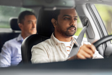 Poster - transportation, vehicle and people concept - indian male driver driving car with passenger