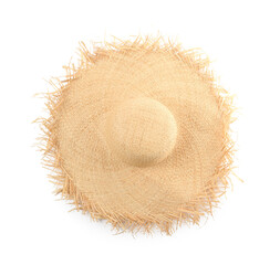 Sticker - Straw hat isolated on white, top view. Stylish headdress