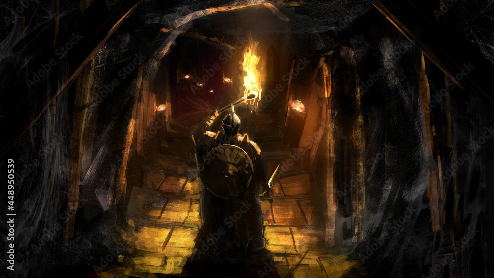 A knight in plate armor, a helmet with a sword and a shield holds a burning torch in his hand, standing at the entrance to a sinister dungeon , steps lead to the dark depths of the cave. 2d art - obrazy, fototapety, plakaty 