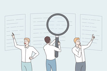 Search Engine Optimization For Business Sketch. Business People Looking In Details At Business Indicators Analyzing Information Data Vector Illustration 