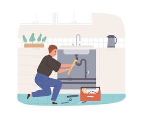 Poster - Plumber fixing and repairing plumbing. Workman installing pipe under kitchen sink. Professional pipeline service. Flat vector illustration of repairman with tools at work isolated on white background