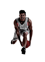 Sticker - Silhouette of professional sportsman playing basketball on white background