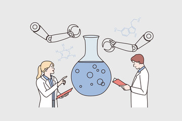 Wall Mural - laboratory research and science concept. young scientists woman and man cartoon characters standing 