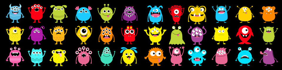 Monster super big icon set. Happy Halloween. Funny head face colorful silhouette. Cute cartoon kawaii baby character. Eyes horn teeth fang tongue. Hands up, down. Flat design. Black background.